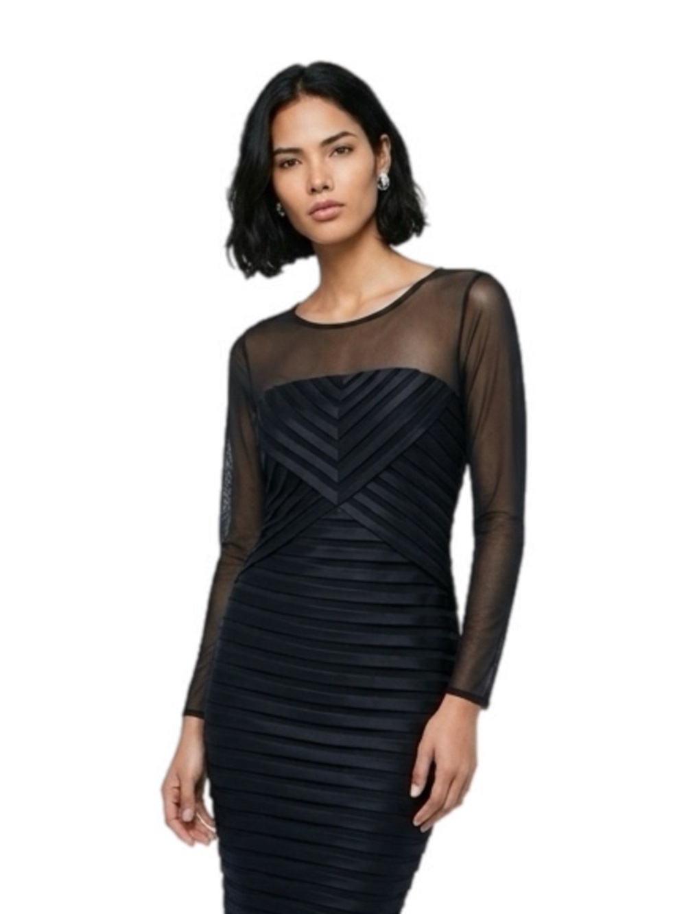 London Times Dark Blue Sheer-Yoke Bandage Bodycon Dress